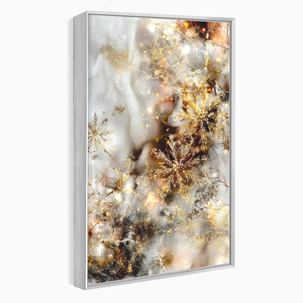 Tablou canvas cu tablou canvas cu fulgi de zapada aurii, in rama de aluminiu argintiu